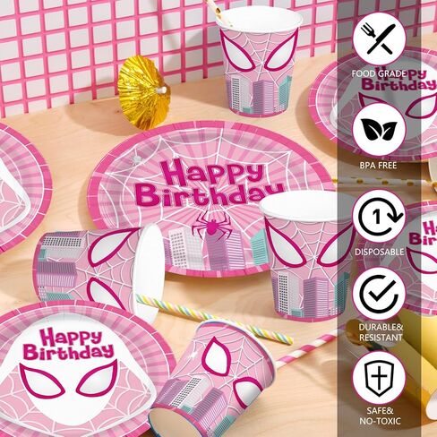 170pcs Pink Spider Birthday Party Plates Napkins Paper Super Girl Cups Banner Disposable Tablecloth Tableware Set Good for Birthday Party Supplies Decorations Serves 24 Guests in Saudi Arabia