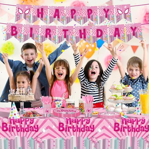 170pcs Pink Spider Birthday Party Plates Napkins Paper Super Girl Cups Banner Disposable Tablecloth Tableware Set Good for Birthday Party Supplies Decorations Serves 24 Guests in Saudi Arabia