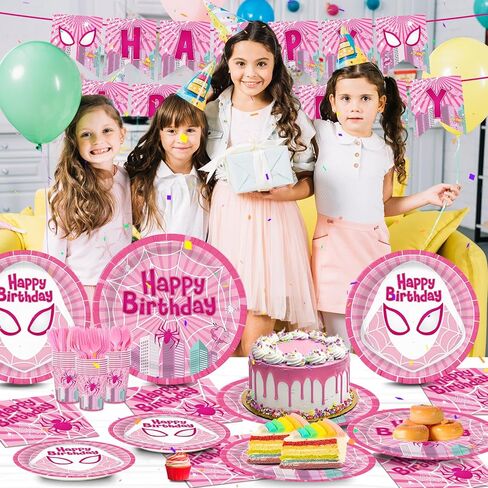 170pcs Pink Spider Birthday Party Plates Napkins Paper Super Girl Cups Banner Disposable Tablecloth Tableware Set Good for Birthday Party Supplies Decorations Serves 24 Guests in Saudi Arabia