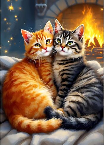 GDYEEH DIY Couple of Cats 5D Diamond Art Kits, Round Full Drill Sparkling Lovers Diamond Painting Picture, Fireplace Painting by Numbers Art Kits for Adults Beginners Home Wall Decor 12x16 inch in Saudi Arabia
