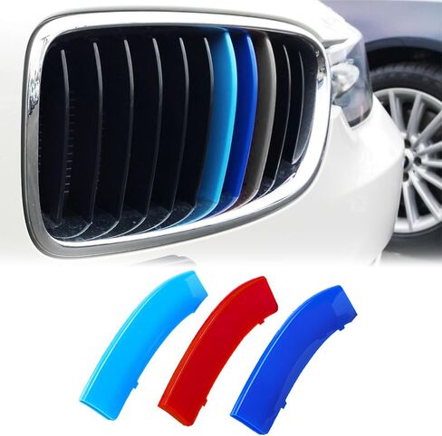 x xotic tech شرائط زخرفية ثلاثية الألوان من xotic tech، شبكات أمامية في المنتصف متوافقة مع BMW 3 F30 4 Series F32 435i Standard Chrome Grill (11 شريط شعاع) in Kuwait