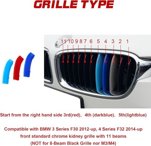 x xotic tech شرائط زخرفية ثلاثية الألوان من xotic tech، شبكات أمامية في المنتصف متوافقة مع BMW 3 F30 4 Series F32 435i Standard Chrome Grill (11 شريط شعاع) in Kuwait