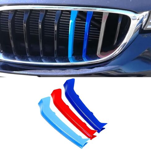 x xotic tech شرائط زخرفية ثلاثية الألوان من xotic tech، شبكات أمامية في المنتصف متوافقة مع BMW 3 F30 4 Series F32 435i Standard Chrome Grill (11 شريط شعاع) in Kuwait