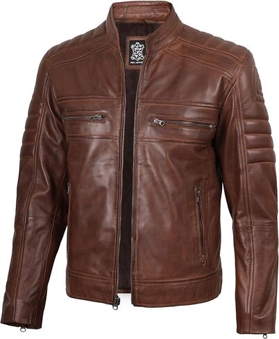 fjackets Cafe Racer Leather Jacket Men - Real Lambskin Leather Biker Motorcycle Jackets For Mens in Kuwait