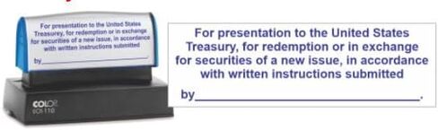 RESTRICTIVE Endorsement Stamp. Pre-Inked Stamp for US Bonds and Others. Meets All US Treasury Requirements. Blue Ink Color. Version 1 is Most Popular. Note: NO Border in Saudi Arabia