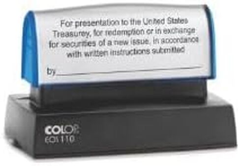RESTRICTIVE Endorsement Stamp. Pre-Inked Stamp for US Bonds and Others. Meets All US Treasury Requirements. Blue Ink Color. Version 1 is Most Popular. Note: NO Border in Saudi Arabia