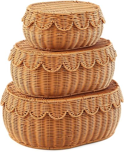 2 Pcs Hand Woven Rattan Basket Scalloped Basket Wicker Storage Basket Decorative Basket with Lid for Organizing Food Bread Picnic Table Bathroom Decor, Dark Brown in Saudi Arabia