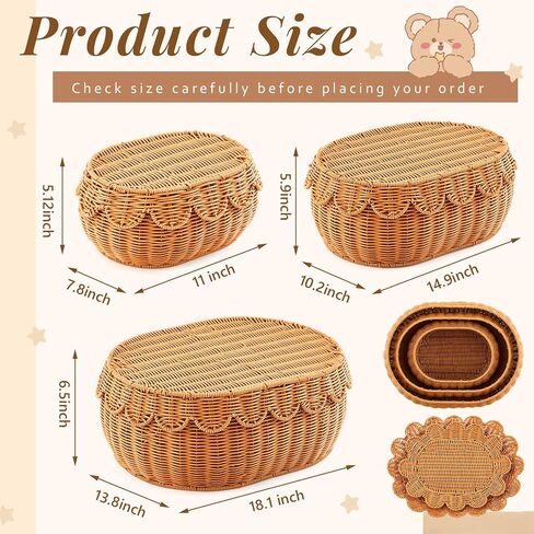 2 Pcs Hand Woven Rattan Basket Scalloped Basket Wicker Storage Basket Decorative Basket with Lid for Organizing Food Bread Picnic Table Bathroom Decor, Dark Brown in Saudi Arabia