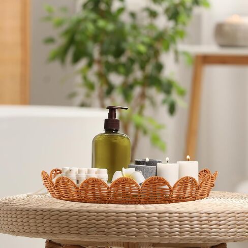 2 Pcs Hand Woven Rattan Basket Scalloped Basket Wicker Storage Basket Decorative Basket with Lid for Organizing Food Bread Picnic Table Bathroom Decor, Dark Brown in Saudi Arabia