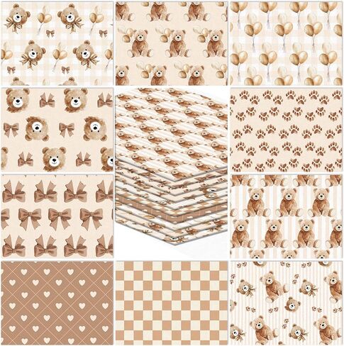 10Pcs Brown Bear Cotton Fabric Bundles Cute Bear Bowknot Balloon Fat Quarters Baby Shower Quilting Patchwork for DIY Sewing Craft Decor, 18 x 22 Inch in Saudi Arabia