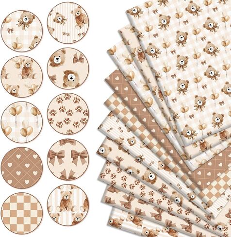 10Pcs Brown Bear Cotton Fabric Bundles Cute Bear Bowknot Balloon Fat Quarters Baby Shower Quilting Patchwork for DIY Sewing Craft Decor, 18 x 22 Inch in Saudi Arabia