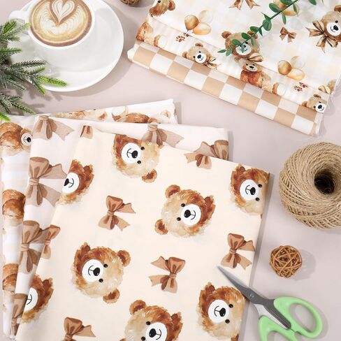 10Pcs Brown Bear Cotton Fabric Bundles Cute Bear Bowknot Balloon Fat Quarters Baby Shower Quilting Patchwork for DIY Sewing Craft Decor, 18 x 22 Inch in Saudi Arabia