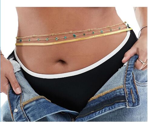 14K Gold Plated Body Chains| Layered Waist Chain with Satellite Beads Natural stone| Adjustable Belly Belt Chains Bikini|Body Jewelry for Women Teen Girls in Saudi Arabia