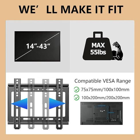 حامل جداري للتلفزيون ثابت، حامل حامل للتلفزيون، حامل مسطح لمعظم أجهزة التلفاز مقاس 14-43 بوصة، حامل جداري منخفض لتوفير مساحة لمصابيح LED وLCD وتلفزيون البلازما، بحد أقصى 200 × 200 مم، سعة تحميل 55 رطلًا in Kuwait