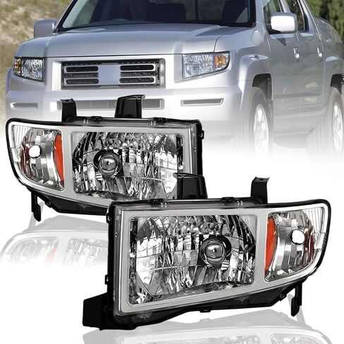 Headlight Assembly Pair for 2006-2014 Honda Ridgeline [Halogen Type] OE-Style Headlamp Replacement LH+RH (Chrome Housing with Amber Reflector) in Saudi Arabia