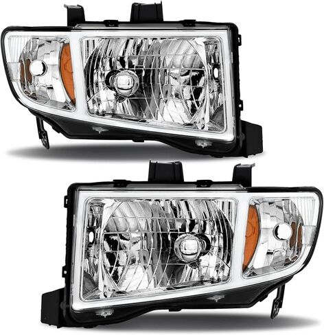 Headlight Assembly Pair for 2006-2014 Honda Ridgeline [Halogen Type] OE-Style Headlamp Replacement LH+RH (Chrome Housing with Amber Reflector) in Saudi Arabia