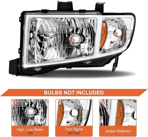 Headlight Assembly Pair for 2006-2014 Honda Ridgeline [Halogen Type] OE-Style Headlamp Replacement LH+RH (Chrome Housing with Amber Reflector) in Saudi Arabia