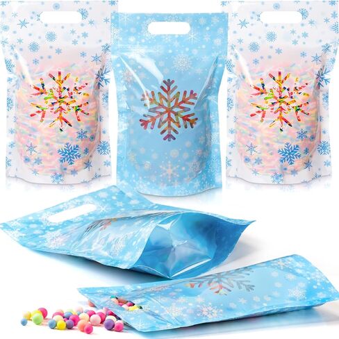 TaoBary 48 Pcs Snowflake Winter Plastic Treat Bags with Windows Resealable Sealing Bags with Handle Snowflake Goodie Gift Pouches Stand Candy Bag for Winter Christmas Party Gift Wrapping Supplies in Saudi Arabia