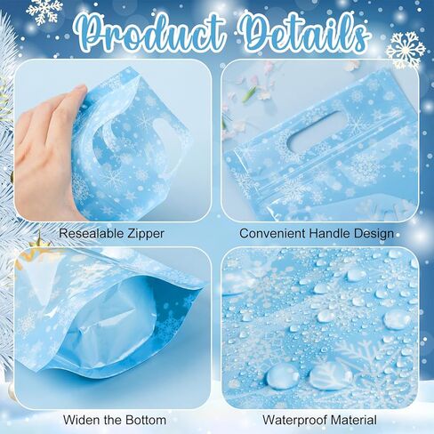 TaoBary 48 Pcs Snowflake Winter Plastic Treat Bags with Windows Resealable Sealing Bags with Handle Snowflake Goodie Gift Pouches Stand Candy Bag for Winter Christmas Party Gift Wrapping Supplies in Saudi Arabia