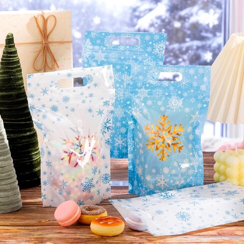 TaoBary 48 Pcs Snowflake Winter Plastic Treat Bags with Windows Resealable Sealing Bags with Handle Snowflake Goodie Gift Pouches Stand Candy Bag for Winter Christmas Party Gift Wrapping Supplies in Saudi Arabia