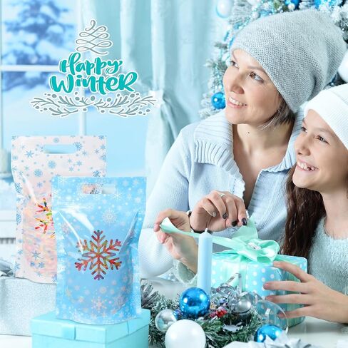 TaoBary 48 Pcs Snowflake Winter Plastic Treat Bags with Windows Resealable Sealing Bags with Handle Snowflake Goodie Gift Pouches Stand Candy Bag for Winter Christmas Party Gift Wrapping Supplies in Saudi Arabia