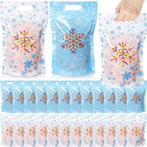 TaoBary 48 Pcs Snowflake Winter Plastic Treat Bags with Windows Resealable Sealing Bags with Handle Snowflake Goodie Gift Pouches Stand Candy Bag for Winter Christmas Party Gift Wrapping Supplies in Saudi Arabia
