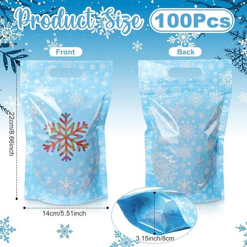 TaoBary 48 Pcs Snowflake Winter Plastic Treat Bags with Windows Resealable Sealing Bags with Handle Snowflake Goodie Gift Pouches Stand Candy Bag for Winter Christmas Party Gift Wrapping Supplies in Saudi Arabia