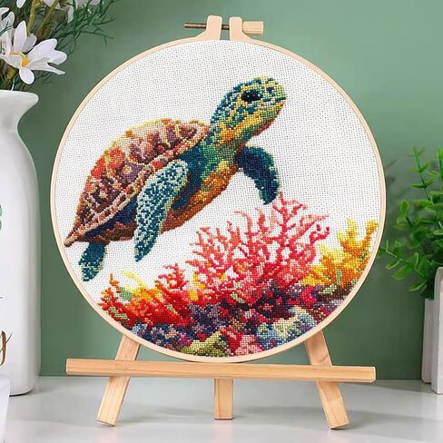 DIY Cross Stitch Kits Sea Turtle and Corals Easy for Beginners with Hoop 11CT Needlepoint Embroidery Stamped Counted Cross Stitch Set Craft Wall Decor 20x20cm-5 in Saudi Arabia