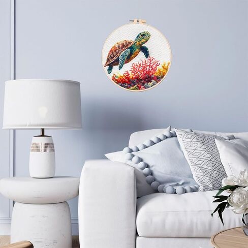DIY Cross Stitch Kits Sea Turtle and Corals Easy for Beginners with Hoop 11CT Needlepoint Embroidery Stamped Counted Cross Stitch Set Craft Wall Decor 20x20cm-5 in Saudi Arabia