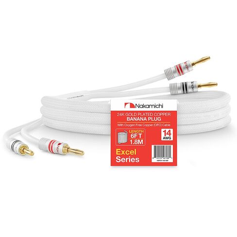 قابس موزة مطلي بالذهب عيار 24 قيراط من سلسلة Nakamichi Excel مع سلك كابل مكبر صوت 12AWG (15 قدم) 99.9% من النحاس الخالي من الأكسجين (OFC) مجدول عالي التحمل لمكبر الصوت المنزلي هاي فاي - أبيض (15 قدم/4.5 متر) in Saudi Arabia