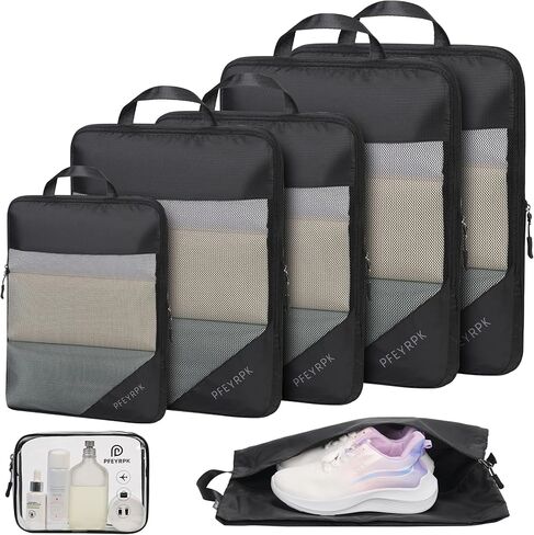 PFEYRPK Compression Packing Cubes for Suitcase,Expandable Packing Cubes Compression for Travel, 7 Set with Clear Toiletries Shoe Bag and Backpack Bag Travel Organizer Cubes for Travel Essentials. in Kuwait