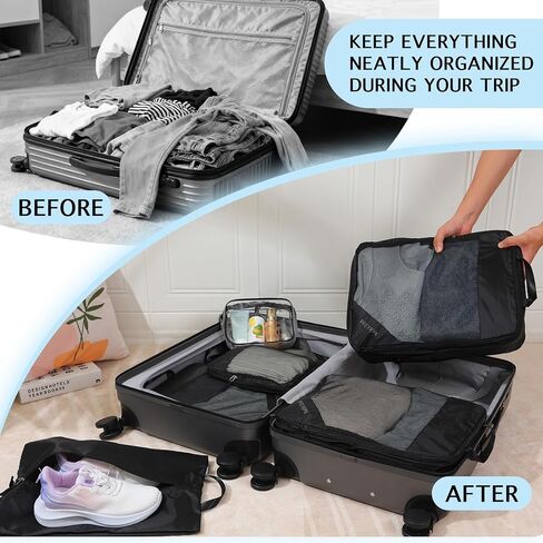 PFEYRPK Compression Packing Cubes for Suitcase,Expandable Packing Cubes Compression for Travel, 7 Set with Clear Toiletries Shoe Bag and Backpack Bag Travel Organizer Cubes for Travel Essentials. in Kuwait