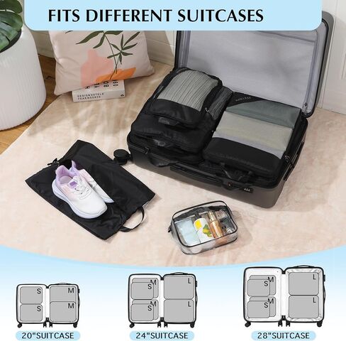 PFEYRPK Compression Packing Cubes for Suitcase,Expandable Packing Cubes Compression for Travel, 7 Set with Clear Toiletries Shoe Bag and Backpack Bag Travel Organizer Cubes for Travel Essentials. in Kuwait