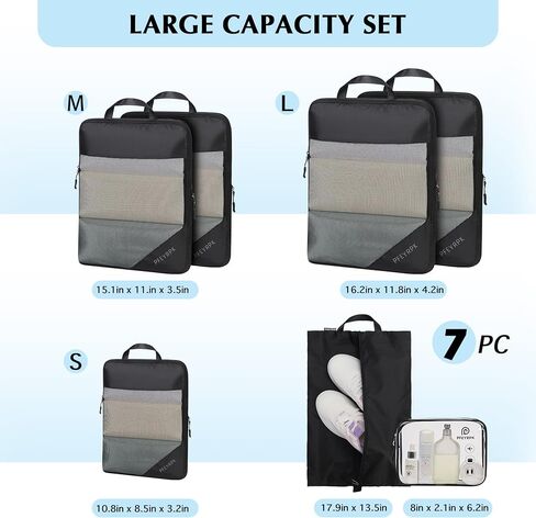 PFEYRPK Compression Packing Cubes for Suitcase,Expandable Packing Cubes Compression for Travel, 7 Set with Clear Toiletries Shoe Bag and Backpack Bag Travel Organizer Cubes for Travel Essentials. in Kuwait
