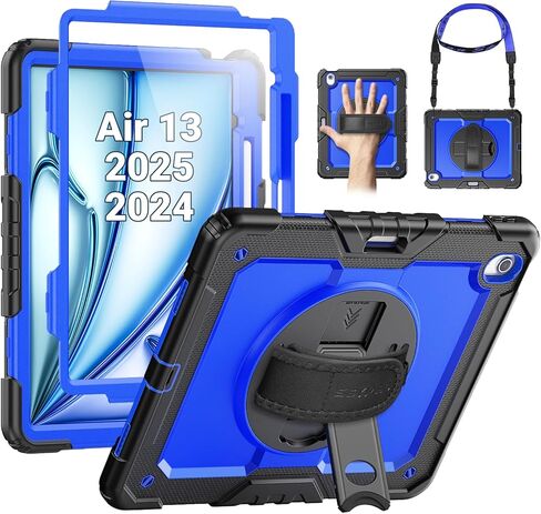 SEYMAC for iPad Air 11 Inch Case 2024 M2 (Air 6th Generation Case), Heavy Duty Shockproof Protective Case with Screen Protector, Stand and Hand/Shoulder Strap for iPad Air 6th Generation, Black in Saudi Arabia