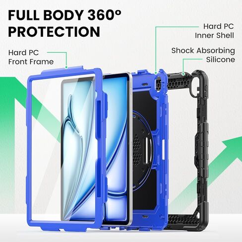 SEYMAC for iPad Air 11 Inch Case 2024 M2 (Air 6th Generation Case), Heavy Duty Shockproof Protective Case with Screen Protector, Stand and Hand/Shoulder Strap for iPad Air 6th Generation, Black in Saudi Arabia