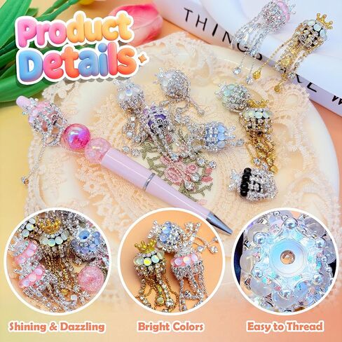 10pcs Rhinestone Focal Beads for Pens, Sparkling 3D Rose Flower Designs, Fancy Beads for DIY Jewelry Making Keychains Crafts Holiday Decorations in Saudi Arabia