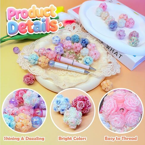 10pcs Rhinestone Focal Beads for Pens, Sparkling 3D Rose Flower Designs, Fancy Beads for DIY Jewelry Making Keychains Crafts Holiday Decorations in Saudi Arabia