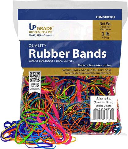 Upgrade Office Supply UPG244BC Rubber Bands, Size #54, Assorted Sizes, Non-Latex, Bright Colors, 1 lb Bag, Made in USA in Kuwait