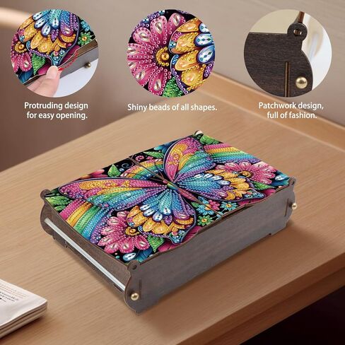 antor DIY Diamond Painting Wooden Storage Box, Rainbow Butterfly Creative Special Shaped Rhinestone Art Flip Cover Organizer, Handmade Art Desktop Decorations Gift for Adults in Saudi Arabia