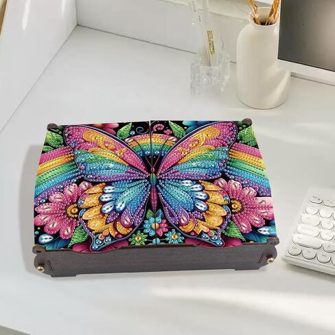 antor DIY Diamond Painting Wooden Storage Box, Rainbow Butterfly Creative Special Shaped Rhinestone Art Flip Cover Organizer, Handmade Art Desktop Decorations Gift for Adults in Saudi Arabia
