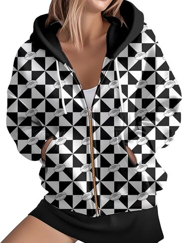 ADDARTS Womens Zip Front Plaid Sweatshirts Print Hoodie Fall Jackets Long Sleeve Casual Drawstring Clothes in Saudi Arabia