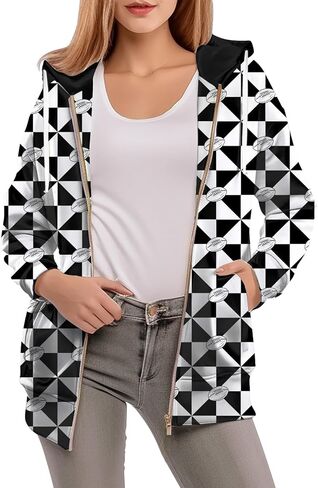 ADDARTS Womens Zip Front Plaid Sweatshirts Print Hoodie Fall Jackets Long Sleeve Casual Drawstring Clothes in Saudi Arabia