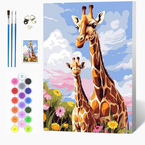 مجموعة الطلاء بالأرقام من Auremi Giraffe مع إطار، طلاء حيوانات DIY حسب الأرقام للبالغين، سهل الأكريليك في القماش مع فرش للديكور 20 × 30 سم in Saudi Arabia