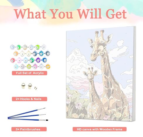 مجموعة الطلاء بالأرقام من Auremi Giraffe مع إطار، طلاء حيوانات DIY حسب الأرقام للبالغين، سهل الأكريليك في القماش مع فرش للديكور 20 × 30 سم in Saudi Arabia