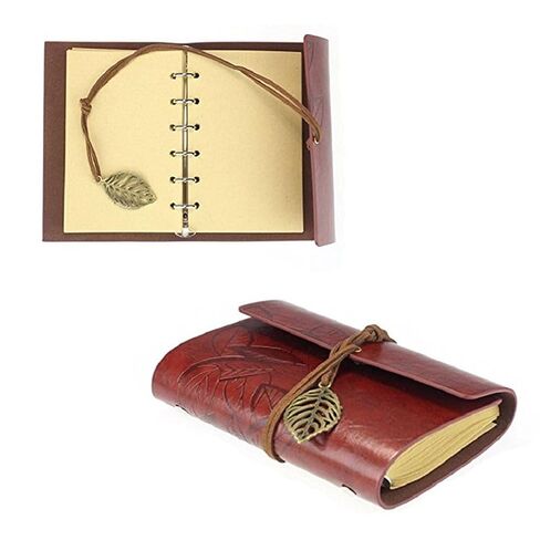 Vintage Style Dark Red PU Loose-leaf Notebook Blank Journal Travel Diary with Leaf Pattern Cover Notepad for Jotting Notes and Memories in Saudi Arabia