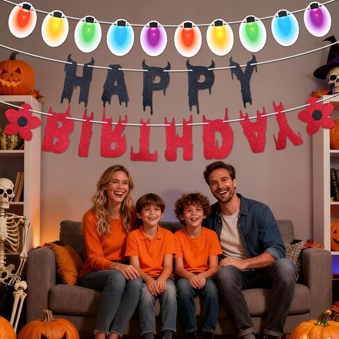 Happy Birthday Banner, Glitter Party Garland Decoration Eccentric Themed Halloween Birthday Banner Supplies for Home Room Decor in Saudi Arabia