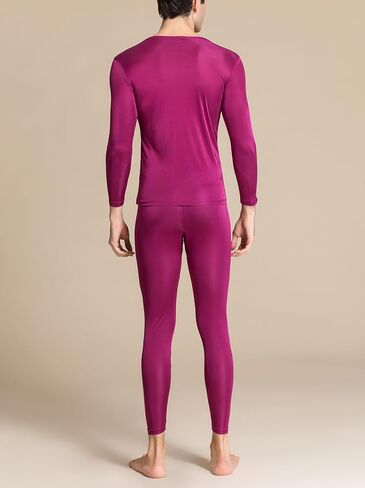 ملابس داخلية رجالي من LingDooo مصنوعة من الحرير الخالص للشتاء طقم جونز حراري طويل برقبة على شكل حرف V قميص حريري + بنطلون in Kuwait