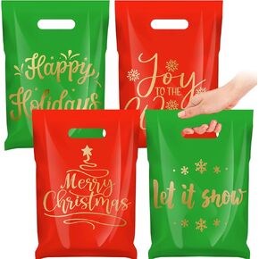 Chunful 48 Pcs Plastic Christmas Gift Bags with Handle Christmas Treat Goodie Bags Bulk Medium Red and Green Candy Cookie Snack Party Favor Handbags for Xmas Happy Holiday Gift, 7.9 x 11.8 Inch in Kuwait