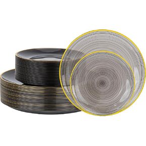 أطباق بلاستيكية ذهبية 100 قطعة من Morejoy - أطباق ذهبية شفافة للاستعمال مرة واحدة - أطباق عشاء بلاستيكية شفافة مقاس 10.25 بوصة مع حافة ذهبية لحفلات الزفاف والحفلات والاستحمام وعيد الشكر in Kuwait